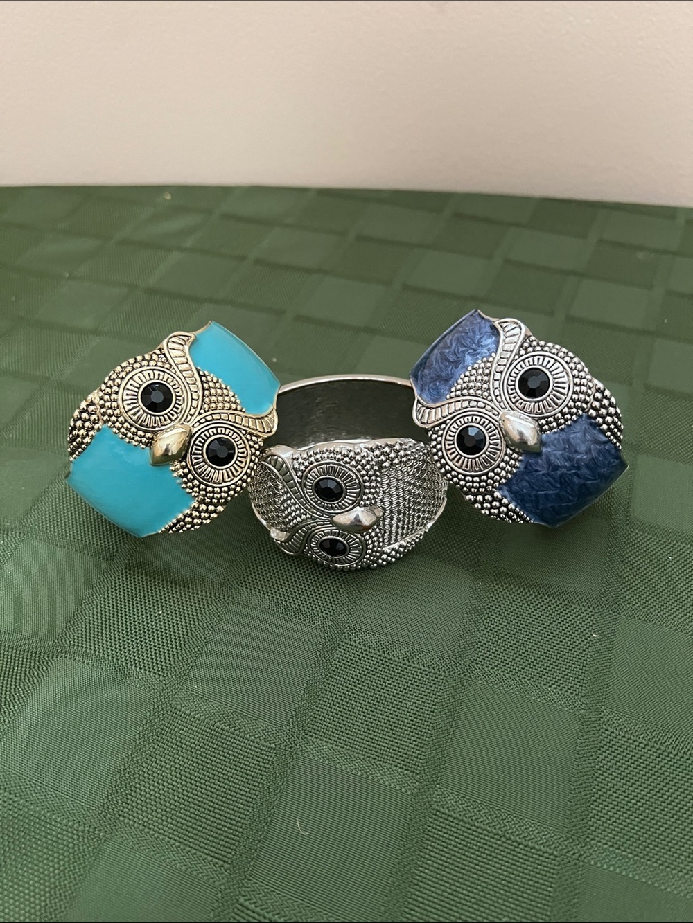Owl Statement Bangle Bracelet Trio - Blue, Silver, Turquoise